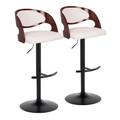 Pino Mid-Century Modern Adjustable Barstool with Swivel in Black Metal, Mahogany Wood and White Faux Leather with Rounded T Footrest- Set of 2 — pair view