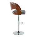 Pino table in Chrome Metal, Walnut Wood, Grey PU, side view, featuring swivel and upholstered seat