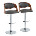 Pino Mid-Century Modern Adjustable Barstool with Swivel in Chrome Metal, Walnut Wood and Grey Faux Leather with Rounded T Footrest- Set of 2 — pair view