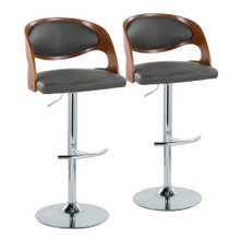 Pino Mid-Century Modern Adjustable Barstool with Swivel in Chrome Metal, Walnut Wood and Grey Faux Leather with Rounded T Footrest- Set of 2 — pair view