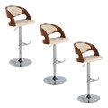 Pino Mid-Century Modern Adjustable Barstool with Swivel in Chrome Metal, Walnut Wood and Cream Faux Leather with Rounded T Footrest- Set of 3 — pair view