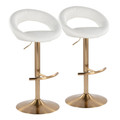 Posh Contemporary/Glam Adjustable Barstool with Swivel in Gold Metal and White Faux Leather with Rounded T Footrest- Set of 2 — pair view