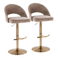 Renee Contemporary Adjustable Barstool with Swivel in Gold Metal and Brown Fabric with Round T Footrest- Set of 2 — pair view
