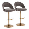 Renee Contemporary/Glam Adjustable Barstool with Swivel in Gold Metal and Dark Grey Fabric with Round T Footrest- Set of 2 — pair view