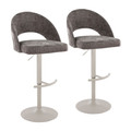 Renee Contemporary Adjustable Barstool with Swivel in Pearl Grey Metal and Dark Grey Fabric with Round T Footrest- Set of 2 — pair view