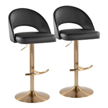 Renee Contemporary/Glam Adjustable Barstool with Swivel in Gold Metal and Black Faux Leather with Round T Footrest- Set of 2 — pair view