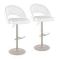 Renee Contemporary Adjustable Barstool with Swivel in Pearl Grey Metal and White Faux Leather with Round T Footrest- Set of 2 — pair view
