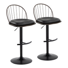 Riley Farmhouse Adjustable Barstool with Swivel in Black Metal, Bronze Metal, Dark Walnut Wood and Brown Faux Leather with Rounded T Footrest- Set of 2 — pair view