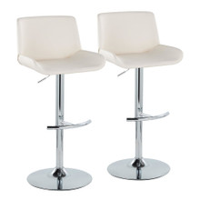 Santi Upholstered Contemporary Adjustable Barstool with Swivel in Chrome Metal and White Faux Leather with Rounded T Footrest- Set of 2 — pair view