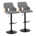 Stella Contemporary Adjustable Barstool with Swivel in Black Metal, Natural Wood and Light Grey Fabric with Rounded "t" Footrest- Set of 2 — pair view