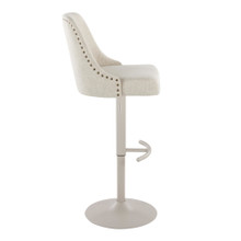 Marcel table in Pearl Grey Metal, Cream Fabric, Brass Metal, side view, featuring swivel and adjustable height
