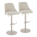 Studded Marcel Contemporary Adjustable Barstool in Pearl Grey Metal and Cream Fabric with Brass Nailhead Trim and Rounded T Footrest- Set of 2 — pair view