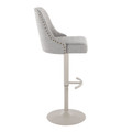 Marcel table in Pearl Grey Metal, Light Grey Fabric, Brass Metal, side view, featuring swivel and adjustable height