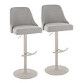 Studded Marcel Contemporary Adjustable Barstool in Pearl Grey Metal and Light Grey Fabric with Brass Nailhead Trim and Rounded T Footrest- Set of 2 — pair view