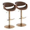 Symphony Contemporary Adjustable Barstool with Swivel in Gold Metal, Walnut Wood, and Espresso Faux Leather with Rounded T Footrest- Set of 2 — pair view