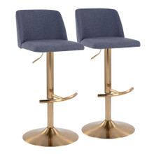 Toriano Contemporary Adjustable Barstool with Swivel in Blue Fabric and Gold Metal with Rounded T Footrest- Set of 2 — pair view