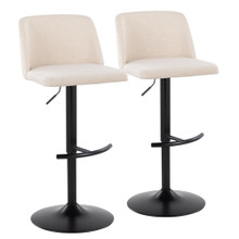 Toriano Contemporary Adjustable Barstool with Swivel in Cream Noise Fabric and Black Metal with Rounded T Footrest- Set of 2 — pair view