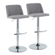 Toriano Contemporary Adjustable Barstool with Swivel in Grey Fabric and Chrome Metal with Rounded T Footrest- Set of 2 — pair view