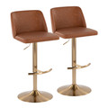 Toriano Contemporary Adjustable Barstool with Swivel in Camel Faux Leather and Gold Metal with Rounded T Footrest- Set of 2 — pair view