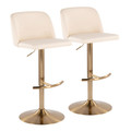 Toriano Contemporary Adjustable Barstool with Swivel in Cream Faux Leather and Gold Metal with Rounded T Footrest- Set of 2 — pair view