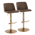 Toriano Contemporary Adjustable Barstool with Swivel in Gold Metal and Espresso Faux Leather with Rounded T Footrest- Set of 2 — pair view