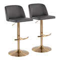 Toriano Contemporary Adjustable Barstool with Swivel in Grey Faux Leather and Gold Metal with Rounded T Footrest- Set of 2 — pair view