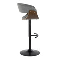 Vintage Mod table in Black Metal, Walnut Wood, Light Grey Fabric, side view, featuring swivel and adjustable height