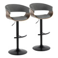 Vintage Mod Mid-Century Modern Adjustable Barstool with Swivel in Black Metal, Walnut Wood and Light Grey Fabric with Rounded T Footrest- Set of 2 — pair view
