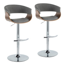 Vintage Mod Mid-Century Modern Adjustable Barstool with Swivel in Chrome Metal, Walnut Wood and Light Grey Fabric with Rounded "t" Footrest- Set of 2 — pair view