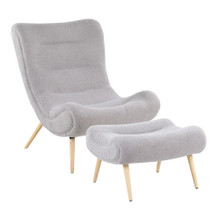 Cloud Contemporary Chair in Natural Wood and Grey Sherpa Fabric with Ottoman — product view