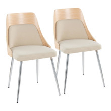 Anabelle Contemporary Dining/Accent Chair in Chrome Metal, Natural Wood, and Cream Fabric- Set of 2 — pair view