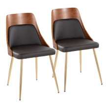 Anabelle Contemporary Dining/Accent Chair in Gold Metal, Walnut Wood, and Brown Faux Leather- Set of 2 — pair view