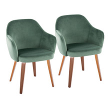 Buena Contemporary Dining Chair in Walnut Wood and Green Velvet- Set of 2 — pair view