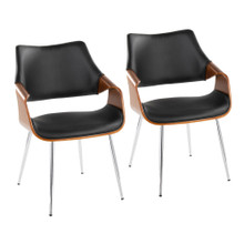 Curvo High Back Contemporary Chair in Chrome Metal, Walnut Wood, and Black Faux Leather- Set of 2 — pair view