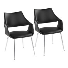 Curvo High Back Upholstered Contemporary Chair in Chrome Metal and Black Faux Leather- Set of 2 — pair view