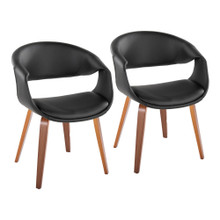 Curvo Contemporary Upholstered Chair in Walnut Wood and Black Faux Leather- Set of 2 — pair view