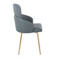 Dahlia dining chair in Gold Metal, Grey PU, Chrome, side view, featuring faux leather design and leather design