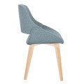 Fabrizzi dining chair in Natural Wood, Blue Fabric, side view, featuring upholstered seat and wood frame