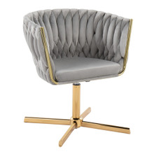 Braided Renee Contemporary Swivel Accent Chair with X-pedestal Base in Gold Metal and Silver Velvet — product view