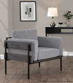 Kari accent chair in Black Metal, Grey Wood, Light Grey Fabric, close-up detail, featuring upholstered seat