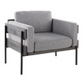Kari Farmhouse Accent Chair in Black Metal, Grey Wood and Light Grey Fabric — product view