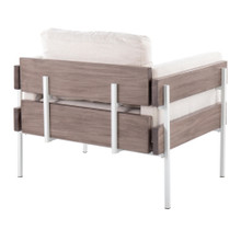 Kari accent chair in White Metal, Grey Wood, Cream Fabric, back and side view, featuring upholstered seat