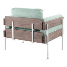 Kari accent chair in White Metal, Grey Wood, Light Green Fabric, back and side view, featuring upholstered seat