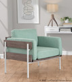 Kari accent chair in White Metal, Grey Wood, Light Green Fabric, featuring upholstered seat