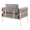 Kari accent chair in White Metal, Grey Wood, Light Grey Fabric, back and side view, featuring upholstered seat