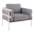 Kari Farmhouse Accent Chair in White Metal, Grey Wood and Light Grey Fabric — product view