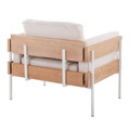 Kari accent chair in White Metal, Natural Wood, Cream Fabric, back and side view, featuring upholstered seat