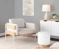 Kari accent chair in White Metal, Natural Wood, Cream Fabric, featuring upholstered seat