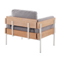 Kari accent chair in White Metal, Natural Wood, Light Grey Fabric, back and side view, featuring upholstered seat