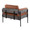 Kari Farmhouse Accent Chair in Black Metal, Grey Wood and Camel Faux Leather — rear three-quarter view